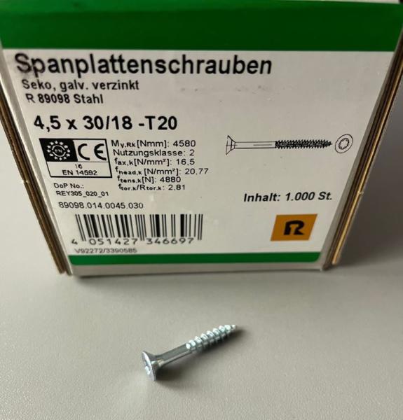 1000 Stück Spanplattenschrauben Seko, galv. verzinkt 4,5 x 30/18 -T20 , Spax, 89098.014.0045.030 (VPE: 1000 Stück)